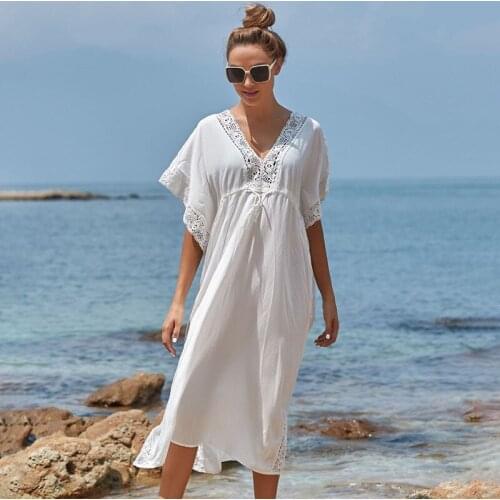 2021 New Arrival Bikini Cover-ups White Lace Tunic Sexy V-neck Plus Size Women Summer Dress Beach Wear Swim Suit Cover Up