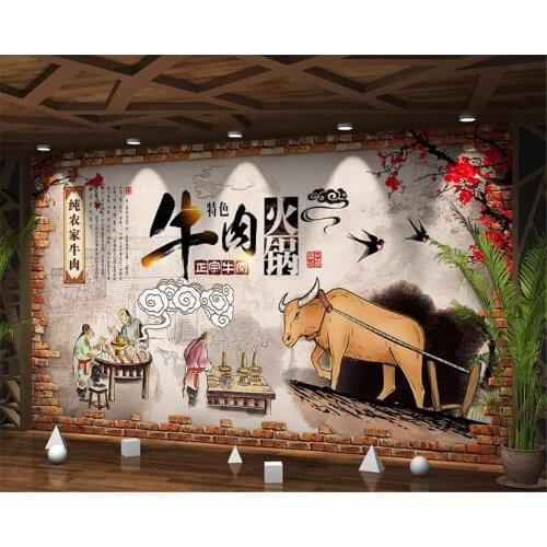 Beibehang papel de parede 3d Vintage hand drawn beef hot pot tidal specialty food photo wallpaper background brick wallpaper 3d