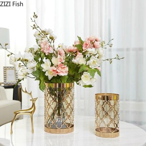 Nordic Creative metal Transparent glass vase Golden print Modern home Flower arrangement accessories expensive decoration