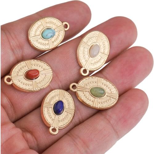 5pcs/Lot Stainless Steel Gold Crosses Oval Designer Charms Dangles Natural Stone Pendants for Jewelry Making Findings Wholesale