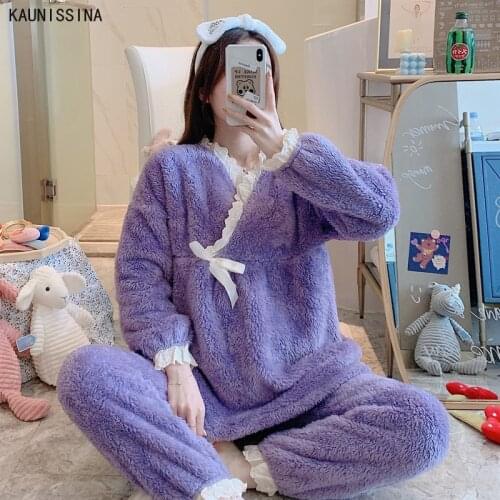 Winter Women Sleepwear Warm Home Clothes Nursing Pregnant Pajamas Set V-Neck Tops Long Pants Thick Pajama Suits