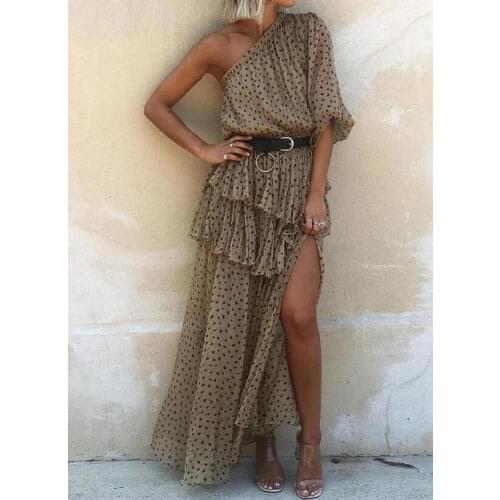 One shoulder diagonal collar long sleeve polka dot print ruffle asymmetrical maxi dress Boho hippie chic summer vacation dress