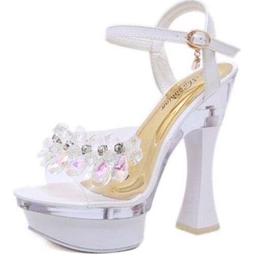Glass diamond decorative 14 cm square heel sandals, female summer waterproof platform non-slip platform sexy sandals