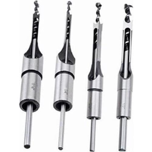 Silver 4pc Steel Twist Drill Woodworking Tool Mortising Chisel Square Hole Extended Saw