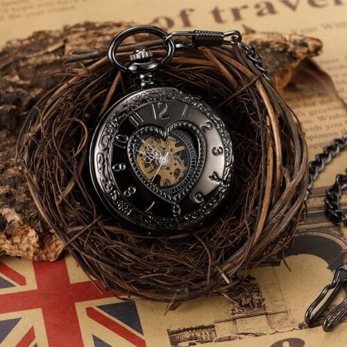 Vintage Steampunk Hollow Heart Shape Mechanical Pocket Watch Men Black Hand Wind Roman Numerals Skeleton Neckalce Watch Gift