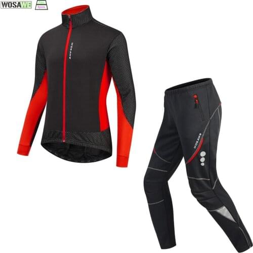 WOSAWE Winter Cycling Red Jacket and Pant Set PRO TEAM Long Sleeve Bicycle Thermal Clothing Windproof High collar Ropa Cislismo