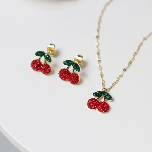 YUN RUO 2021 Lovely 18 K Gold Crystal Cherry Pendant Necklace Earring Woman Jewelry Fashion Titanium Steel Accessory Never Fade