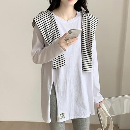 Autumn Womens T-shirt Split Long Sleeve Oversized T-shirt Loose Cotton Top Plus Size Mujer