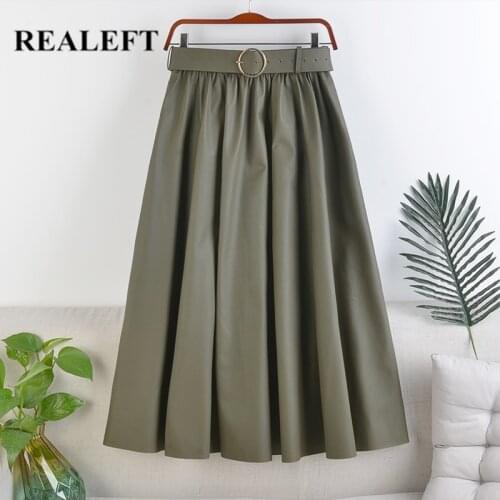 REALEFT Autumn Winter Faux PU-leather mi-long Skirts with Belt High Waist Elegant 2021 New A-line Chic Mid-calf Umbrella Skirts
