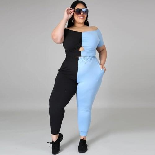 XL-4XL Plus Size Color Block Spliced Two Piece Set Tracksuit for Women Slash Neck Short Sleeve Crop Top+slim Fit Legging 2021