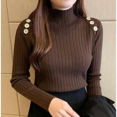 Knitted Long sleeve Mock Neck Pullover Sweaters Women Autumn Winter Solid Clothes Basic Button Slim Top Casual Womens Sweater