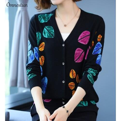 Print Female Cardigan Autumn Spring Knitted Sweaters Women Korean Fashion Long Sleeve Tops V Neck Cardigans Women