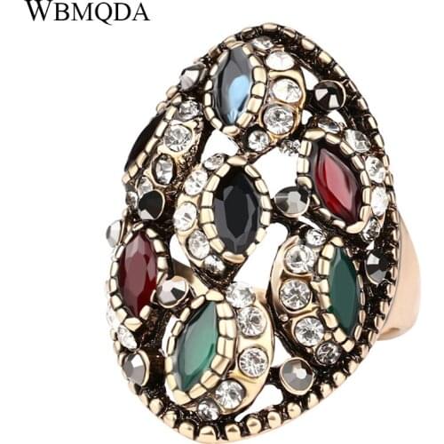 Boho Vintage Rings For Women Antique Gold Color Inlaid Crystal Big Finger Ring Fashion Bohemian Turkish Jewelry Free Shipping