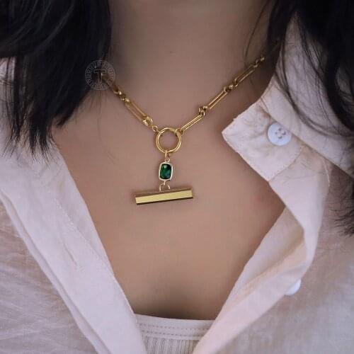 Gold Paperclip Choker Necklace For Women Girls Green Stone Charm Engraved ID Bar Stainless Steel Cable Chain Jewelry DTNS031