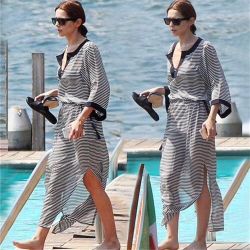 2021 Chiffon Beach Cover up Bathing suit for Women Pareo Beach Swim Cover up Saida De Praia Robe Plage Striped Beach Dress #Q690