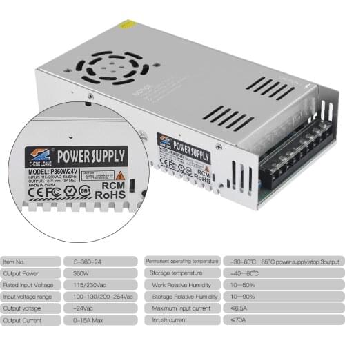 24V 15A 360W fuente de alimentación de conmutación zafiro Pro adaptador de impresora led tira de transformador de luz 12v para 3