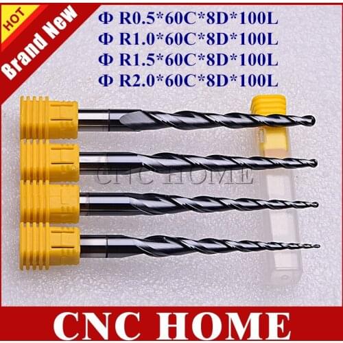4Pcs HRC55 R0.5&1.0&1.5&2.0 *2F*60C*8D*100L Tungsten Tapered Ball Nose End Mills Cone Cutter CNC Taper Carbide Milling Cutter