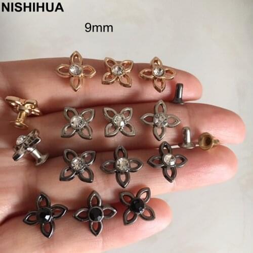 50 set - 4 Petal Hollow Flower Rivet Studs With Clear Bead Center,9mm Metal Rivets For Clothing Decoration -A