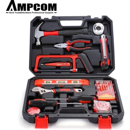AMPCOM 19 Pieces Household Tool kit, Hand Tool Set with Hammer, Pliers, Screwdriver Set, Socket Kit, Level Ruler, Wrench, Saw