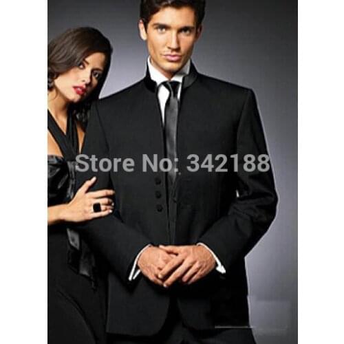 FREE SHIPPING/Black Stand Collar Groom Tuxedos Groomsmen Men Wedding Suits Best man Suits Prom Clothing (Jacket+Pants+Vest+Tie)w