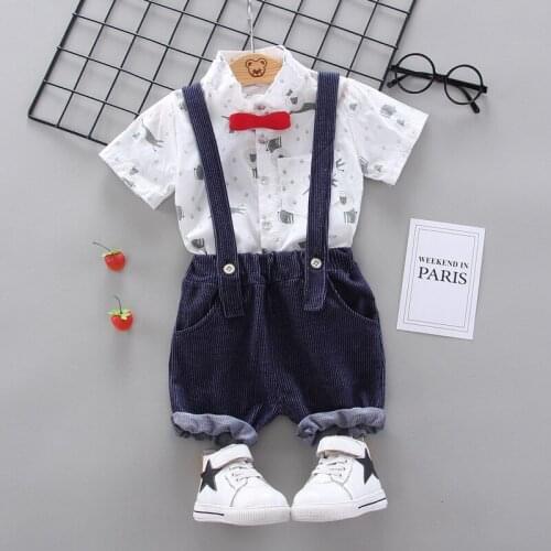 European and American style bow tie gentleman suspender suit lion print short sleeve childrens shirt suit