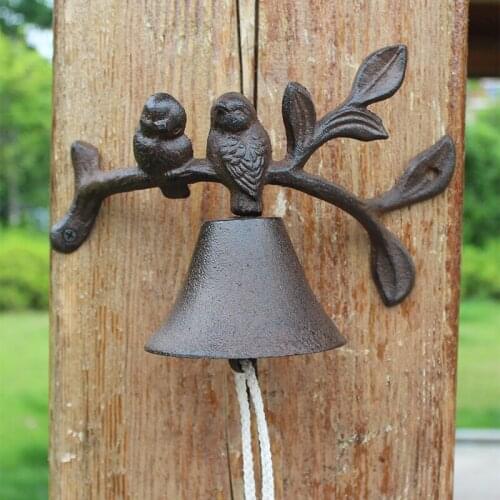 Two Birds Leaves Branch Cast Iron Wall Bell Antique Rustic Home Garden Wall Mounted Heavy Metal Hand Cranking Welcome Door Bell