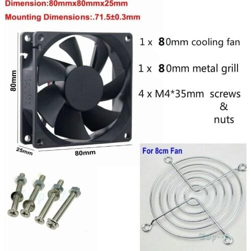 Gdstime 1Pcs 8cm 80mm x 25mm DC 12V Axial Flow Brushless Cooling Fan 8cm fan grill and M4*35MM screws and nuts