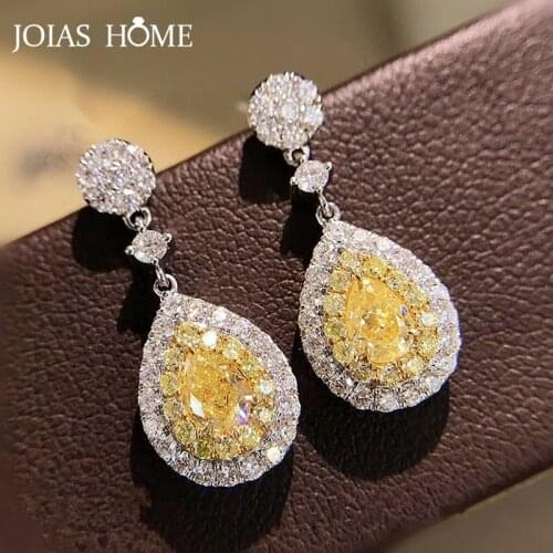 JoiasHome Fashion Womens Water Drop Earrings Silver Ear Drops Female 925 Fine Jewelry Gemstones Yellow Zircon Citrine Wedding