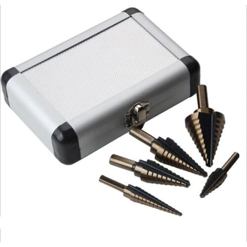 Cobalt Hss Titanium Cone Step Stepped Wood Drill Bits Center Hole Cutter Tool Bit Set With Aluminum Box Hot Tools 5pcs