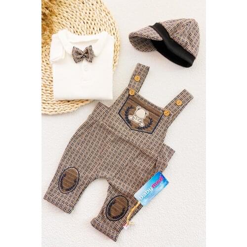 Vintage Patterned Baby Boy Jumpsuit Salopet Set With Hat