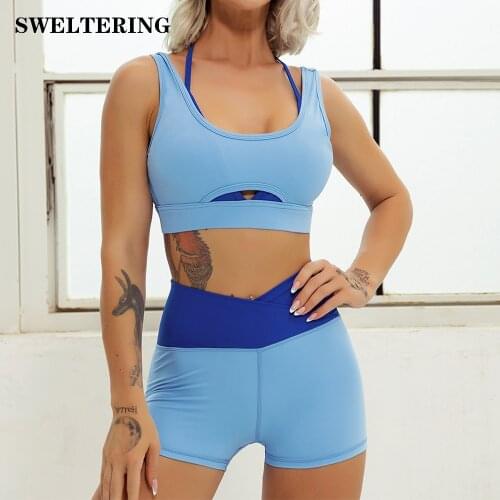 2 Piece Splicing Yoga Set Workout Clothes For Women Ribbed Gym Sets Women Sports Bras Yoga Shorts Women Gym Clothing Sport Suit
