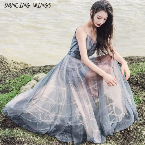 Summer Autumn Sexy Spaghetti Strap Mesh Dress Sexy V Neck Woman Beach Long Dress Vestido