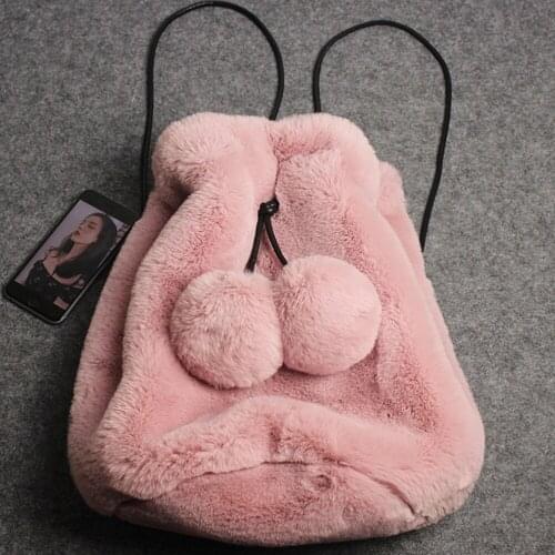 Faux rabbit Fur furry bag female student cute plush imitation rabbit fur bag solid color pumping backpack plush bucket backpack