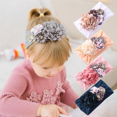 Fashion Faux Pearl 3D Flower Baby Girl Wide Headband Headwear Soft Hair Band Hairband Wire Scarf Headband Hair Band Accessories