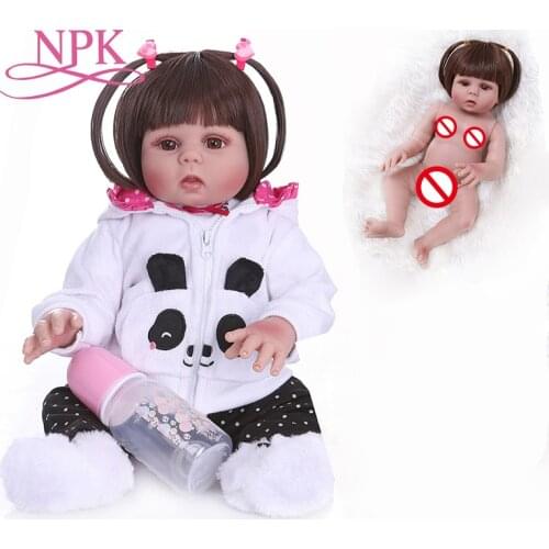 Straight hair 48CM bebe doll reborn toddler doll girl in panda dress full body soft silicone realistic flexible baby bath toy