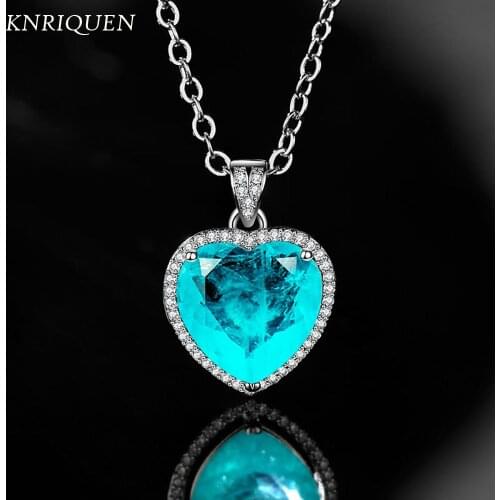 925 Sterling Silver Heart-Shaped 12*12mm Simulation Paraiba Tourmaline Lab Diamond Wedding Engagement Pendant Necklace for Women