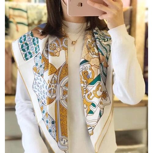 Design silk twill scarf square European fashion women pure silk paisley scarf bufandas foulard wrap cartoon headscarf 90x90