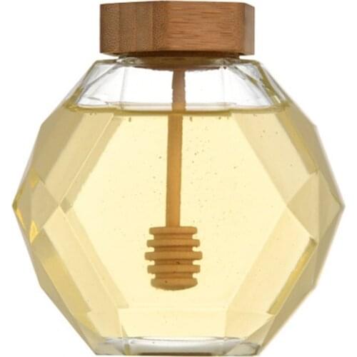Six Angle Honey Jar High Grade Flat Square Glass Bottle Sealed Jar Wooden Lid Stirring Stick Spot Transparent Honey Bottle Home