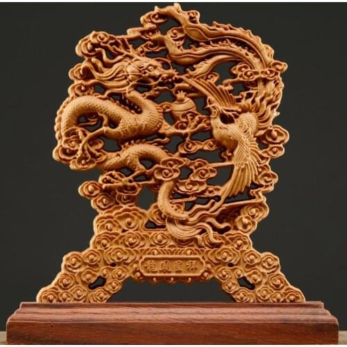 Thuja Wood 23CM Dragon Phoenix Sculpture Decorative Dish Hollow Wood Wealth Carving Lucky Gift Peaceful Collection Home Decor