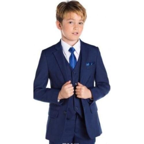 Blue Flower Boys Children Wedding Groom Tuxedos Kids Formal Party Prom Suits 3 pieces (jacket + pants + vest)