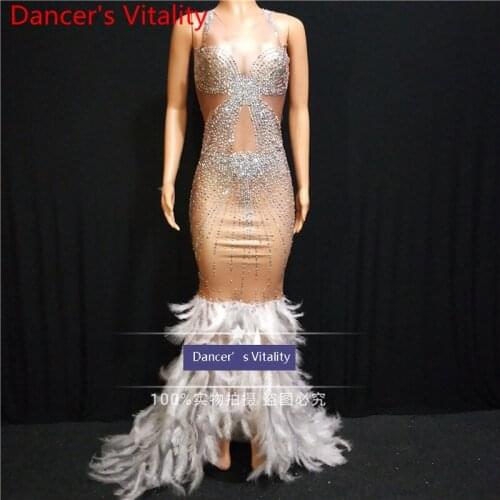 Modern Host Car Model DJ White Further Pole Jazz Rhinestone Elastic Slim Fit Long Evening Dress Stage Wear Performance Costume