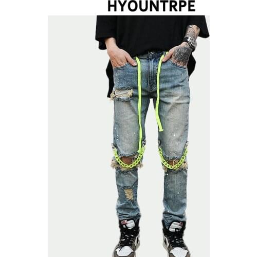 High Street Knee Hole with Chain Ripped Biker Jeans Mens Slim Fit Denim Pants Autumn New Streetwear Casual Hip Hop Pants Joggers