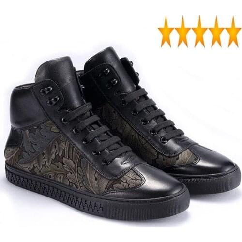 European Casual Breathable 2021 New Winter Genuine Leather Warm High Top Shoes Fashion Printing Floral Man Footwear
