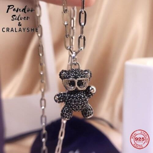 S925 Sterling Silver Jewelry 1:1 Copy, TEDDY Shining Sunglasses Black Bear Couple Necklace For Women Jewelry Gift Mens Trend