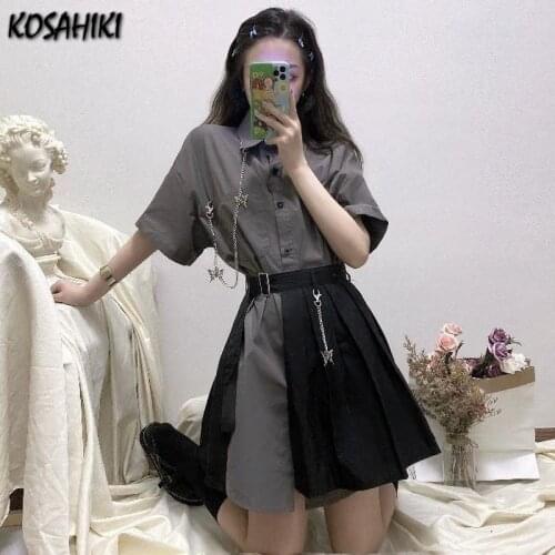 KOSAHIKI Casual Two Pieces Set Women Long Shirt + Belted Mini Pleated Skirts 2021 Summer Harajuku Streetwear Korean Outfits