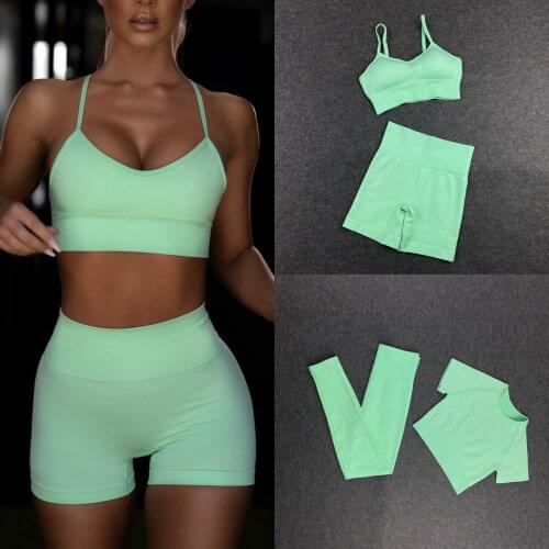 2 Pieces Knitting Seamless Yoga Suit Woman Workout Shirts High Waist Tight Leggings Bra Gym Clothing Short Crop Top Fitness Set