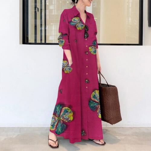 Plus Size Womens Dress Cotton and Linen Printing Lapel Tops Long-sleeved Pocket Jacket Simple Loose Literary Leisure Long Shirt