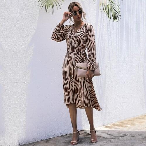 2021 Fashion Women Fall Wrap Dresses Long Sleeve V Neck Clothes Office Elegant Midi Frocks for Ladies Spring Autmn Zebra Stripes