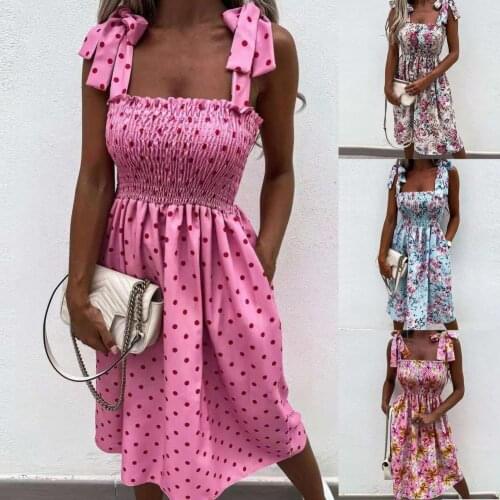 80%HOTFashion Dress Adjustable Shoulder Straps Women Floral Dot Print Waist Tight A-line Sling Dress for Party