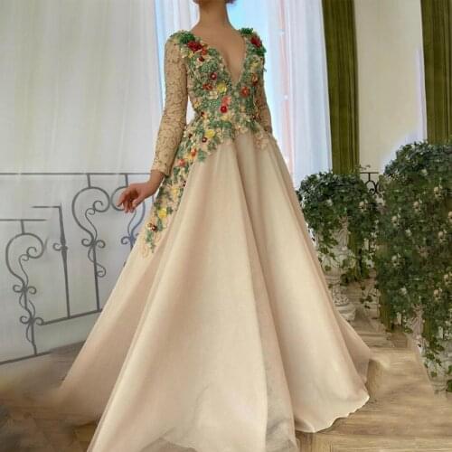 V-neck Colorful Lace Applique Long Sleeves Champagne Wedding Dress with Crystals Evening Gown vestidos de fiestas